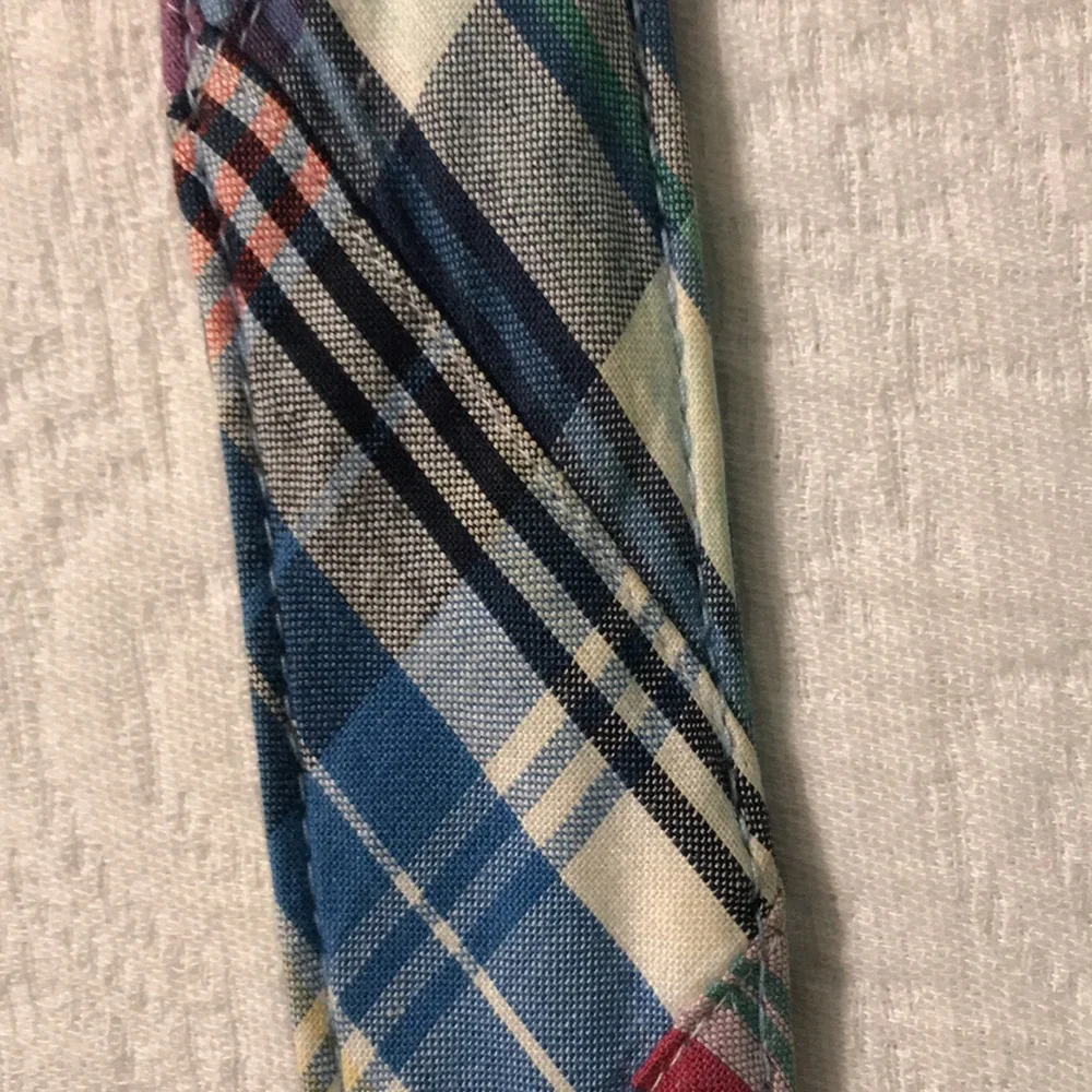 Brooks Brothers Preppy Plaid Fabric Belt with Brown Leather Accents Adjustable